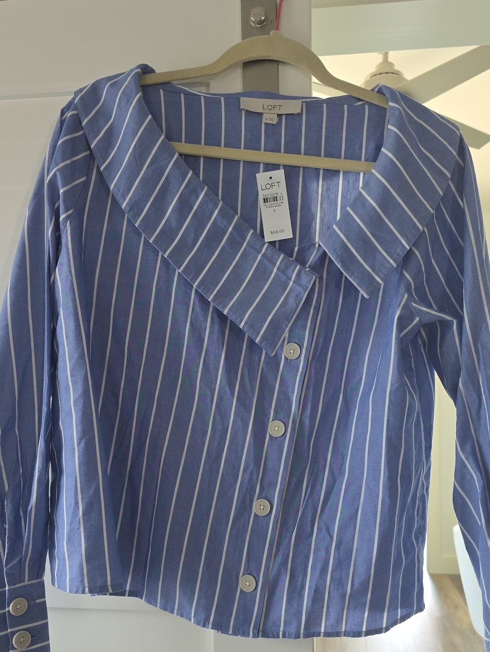 LOFT Blue and White Striped Button-Front Shirt